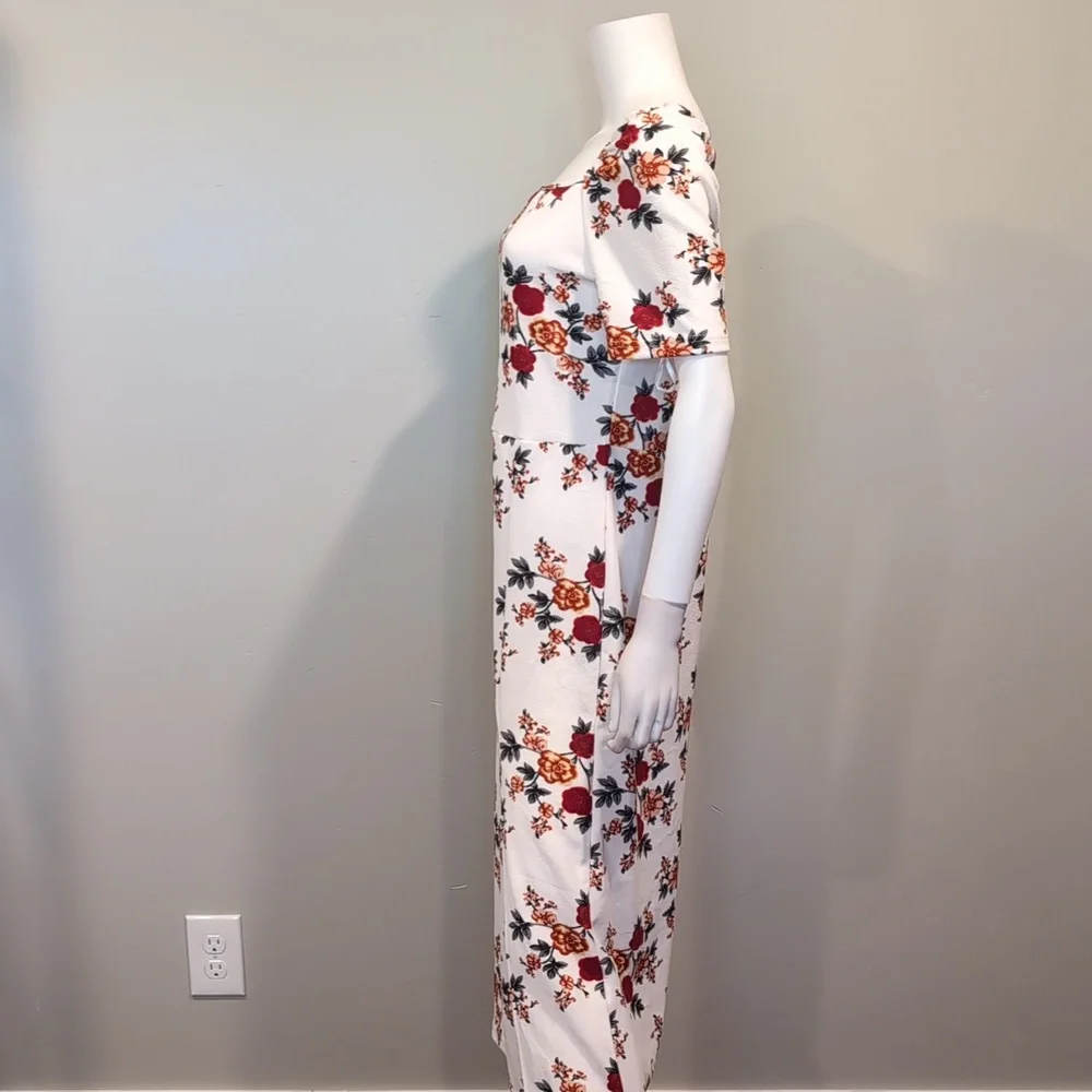 SHEIN White And Red Floral Square Neck Short Sleeve Slit Front Midi Dress XXL
